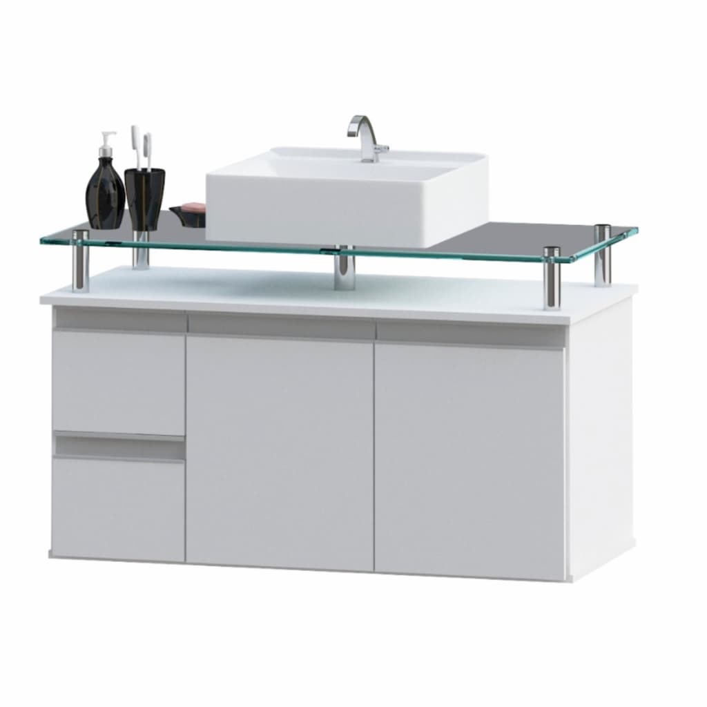 Conjunto Gabinete Banheiro Diamante 80cm MDF + Cuba + tampo de vidro temperado sem espelheira