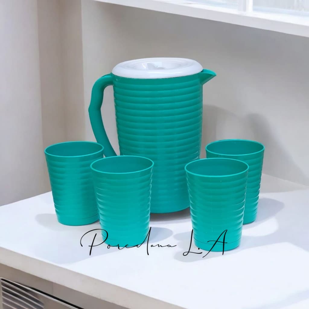 Kit Jarra de Água e Suco Com 4 Copos 300ml Ondulados Plástico