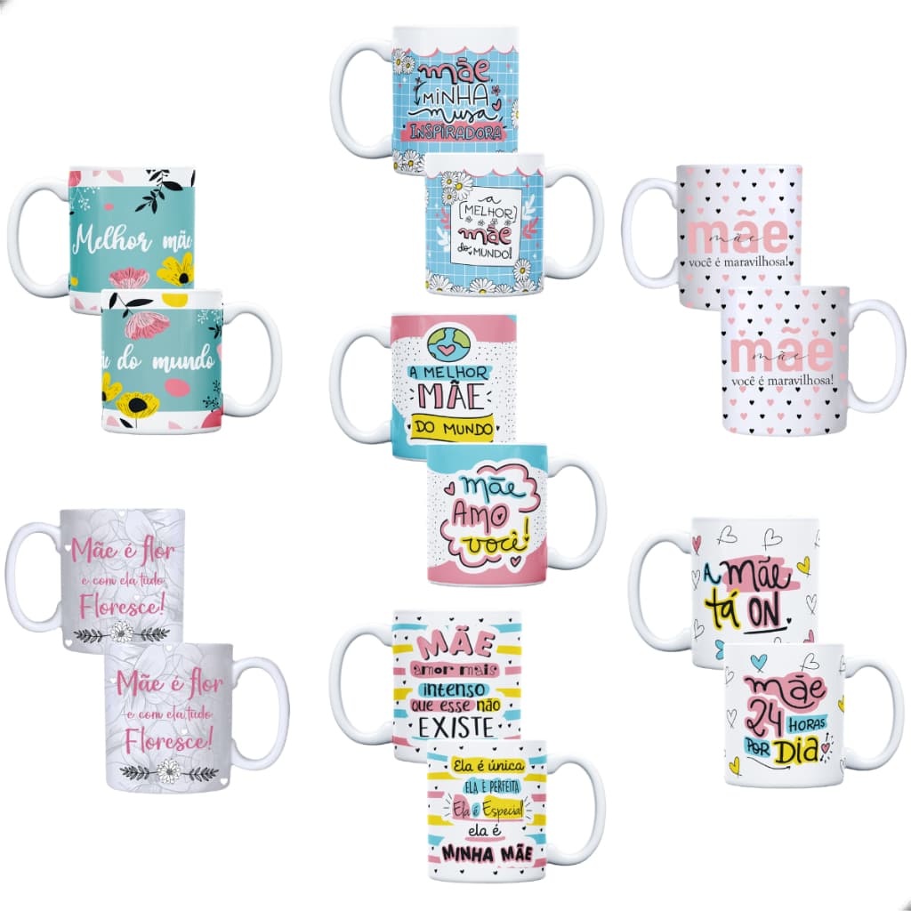 kit jogo 10 Caneca Dia das Mães Mãe Atacado Porcelana 300ml 7 Opções Modelo para armário cozinha