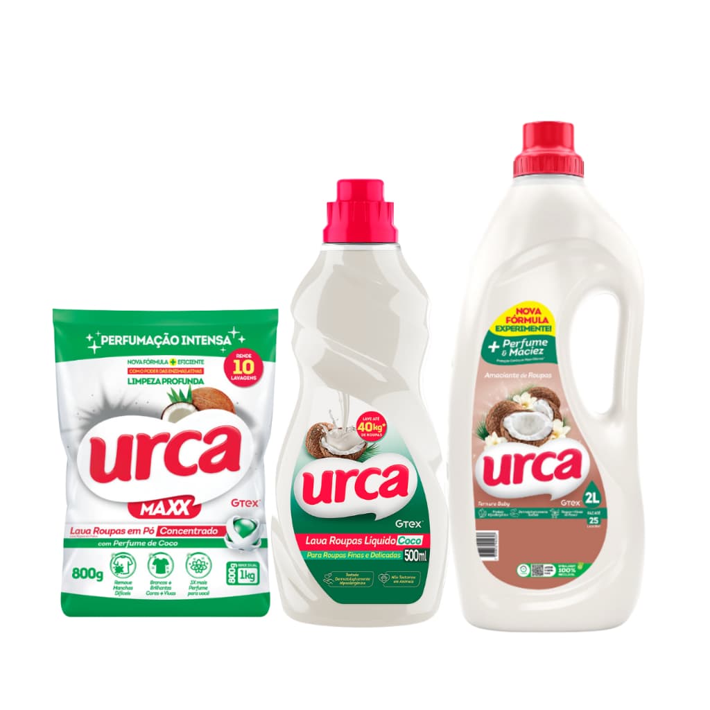Kit 1 Amaciante Urca Ternura Baby - 2L + 1 Sabão em Pó Coco Urca Concentrado Sachê - 800g + 1 Lava Roupas Coco liq Urca