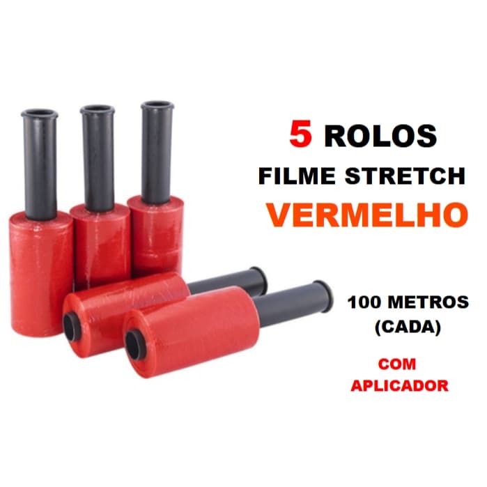 5 Rolos Filme Stretch VERMELHO com aplicador (10cm) 100 Metros (cada)