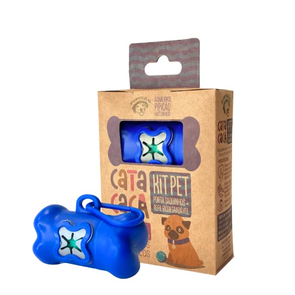 Kit Porta Cata Caca Azul e 4 Rolos de Saquinhos Pipicão
