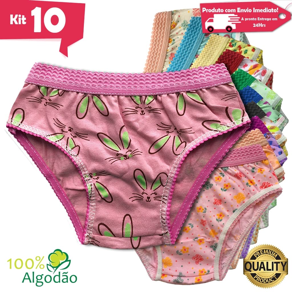 Kit 10 Calcinhas Infantil Estampada Algodão Cós Elástico Menina