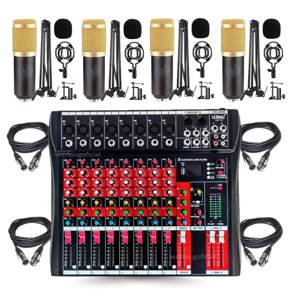 Sistema de Som Setup Podcater Mesa Interface 08 Canais + 04 Microfones Condensadores Completos