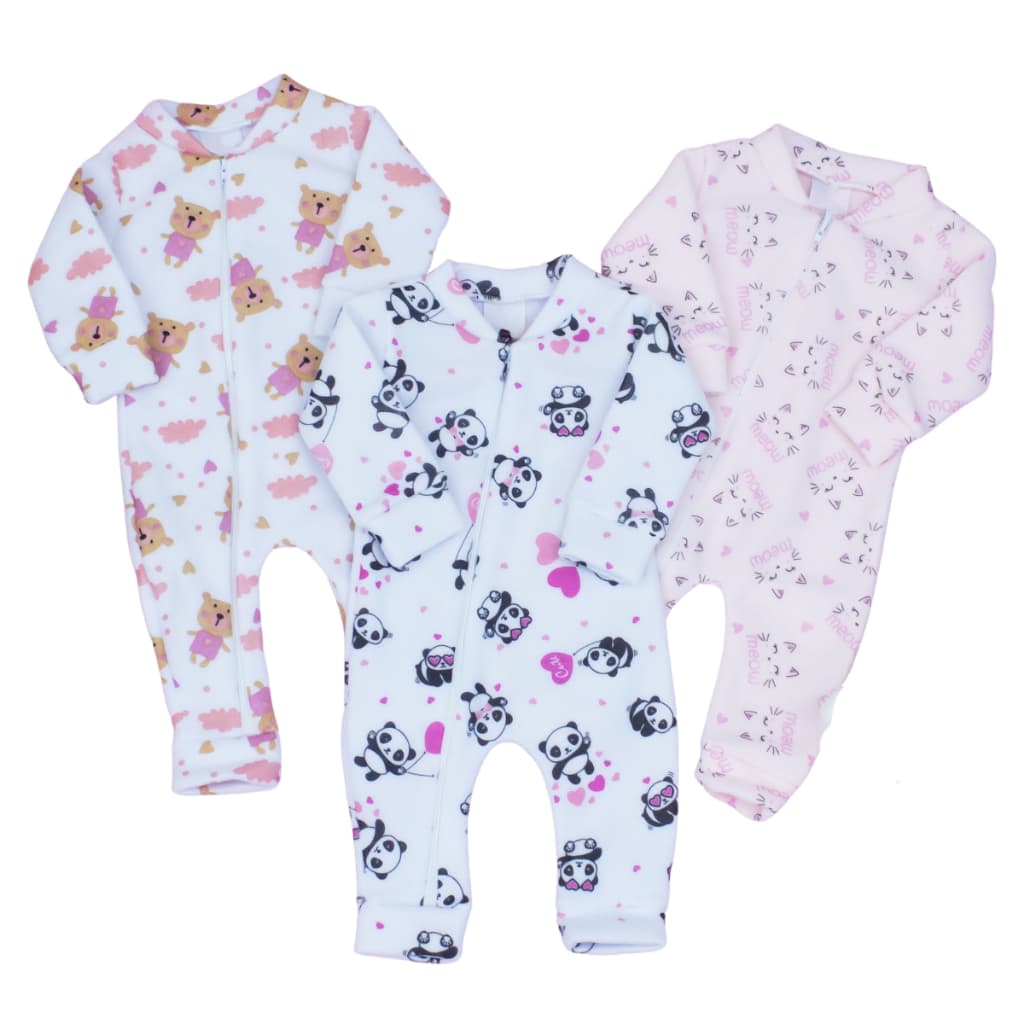 Macacão para Bebê  em Soft  combo 03 peças Quentinho RN ao GG Estampas Sortidas MENINA