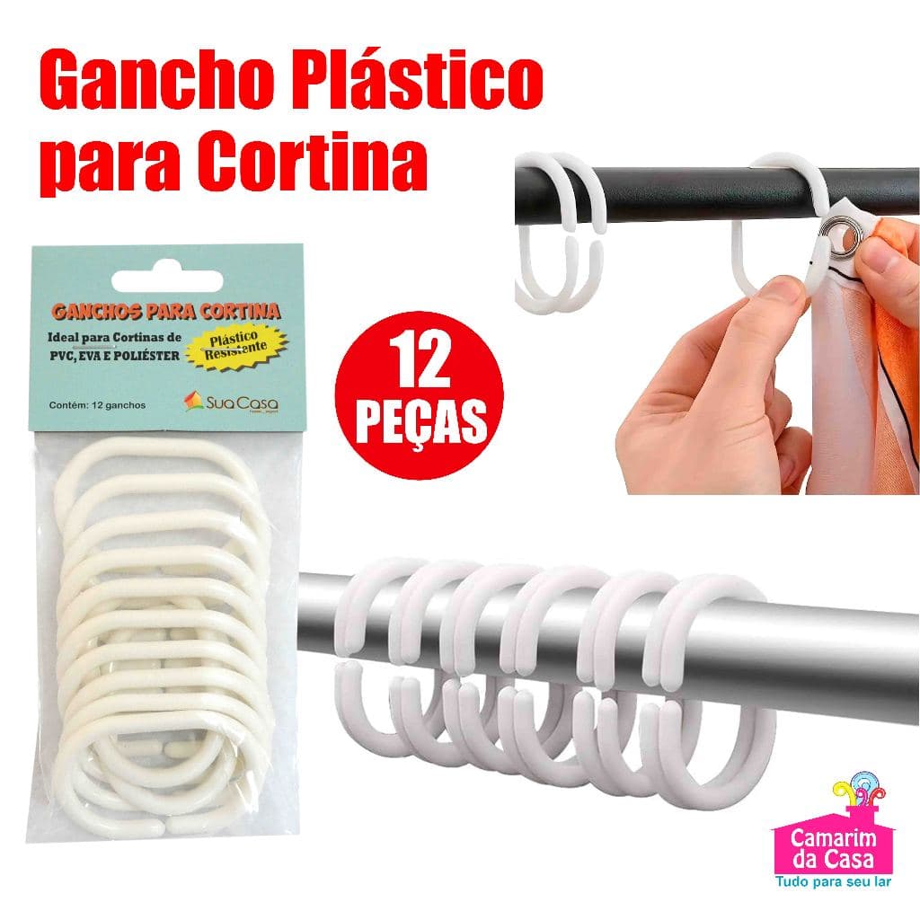 Gancho de Plástico p/ Cortina Pacote c/ 12 ganchos Bco Super Resistente Prático Ideal Cortina de Box