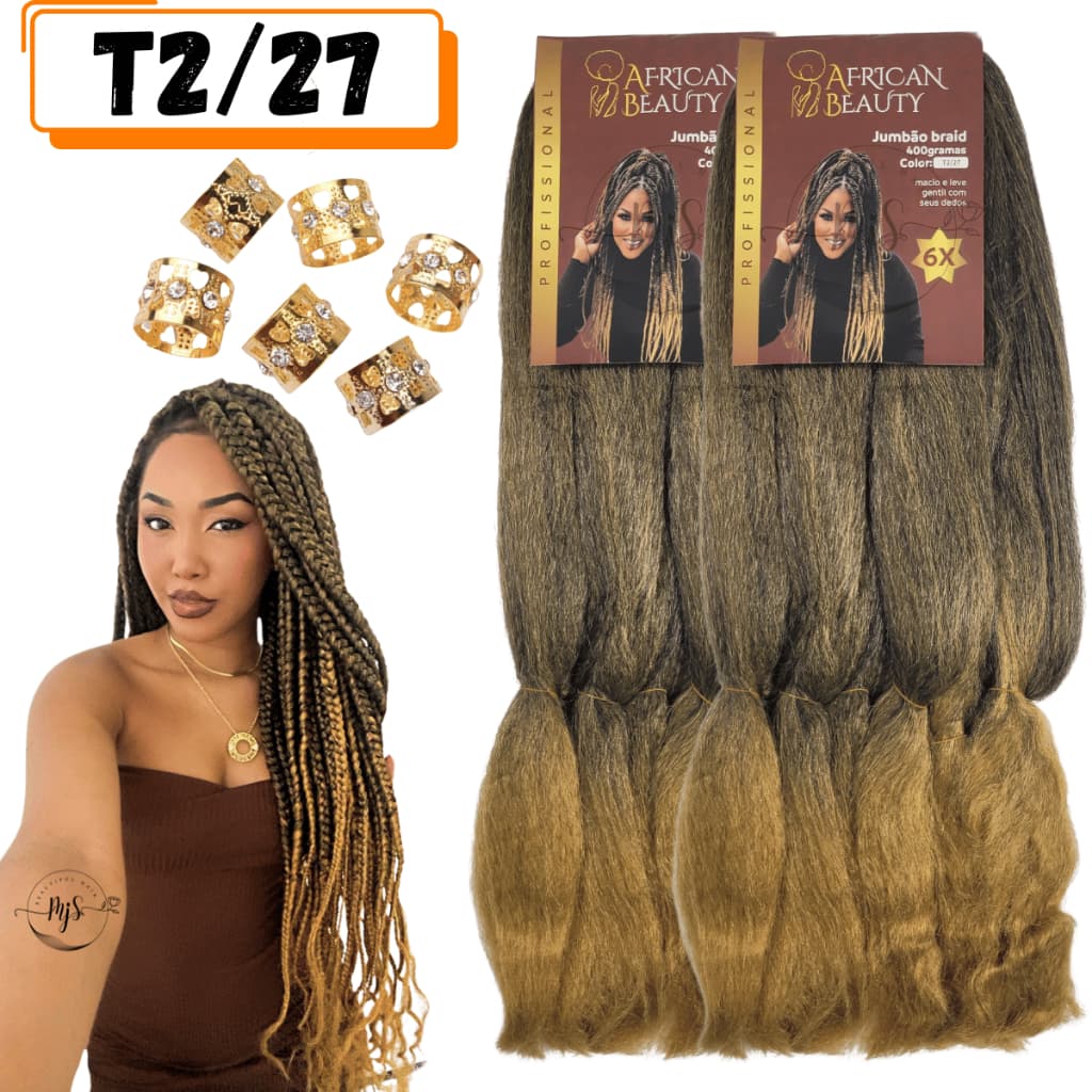 Kit 2 Pacotes Cabelo Super African Beauty Jumbo Jumbão 400 Gramas Fibra Especial Para Tranças + Anéis