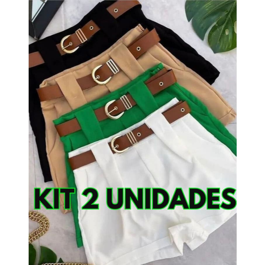 Kit 2 Short Alfaiataria Feminino com Cinto com Bolso Cintura Alta Social PROMOÇÃO