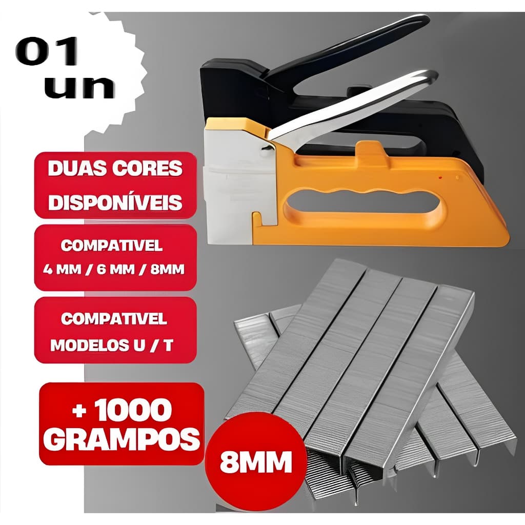 Grampeador Tapeceiro Para Madeira Estofado Manual Alta Pressão Profissional Mais 1000 Grampos 8mm