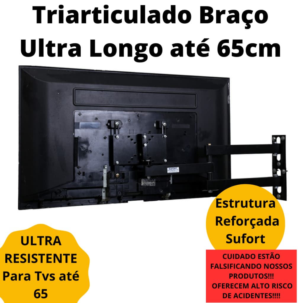 Suporte Tv Parede Braço Longo de 65cm Tri Articulado Com Inclinação Até 65