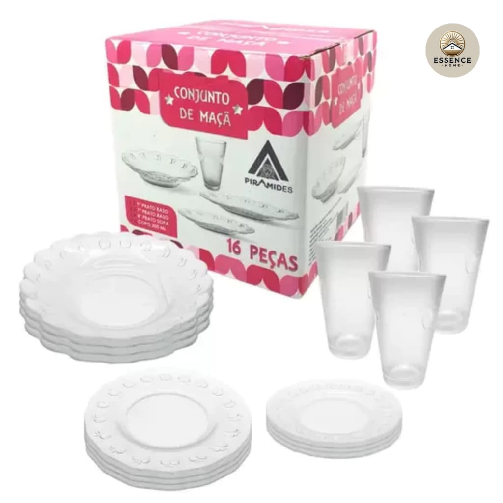 Aparelho de Jantar 16 Peças em Vidro Importado do Egito Pratos e Copos em Vidro Decorado Maçã