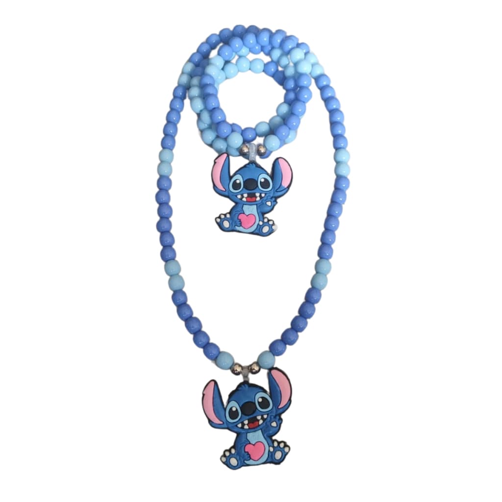 kIt Colar e Pulseira de Miçanga Pingente do Stitch Azul