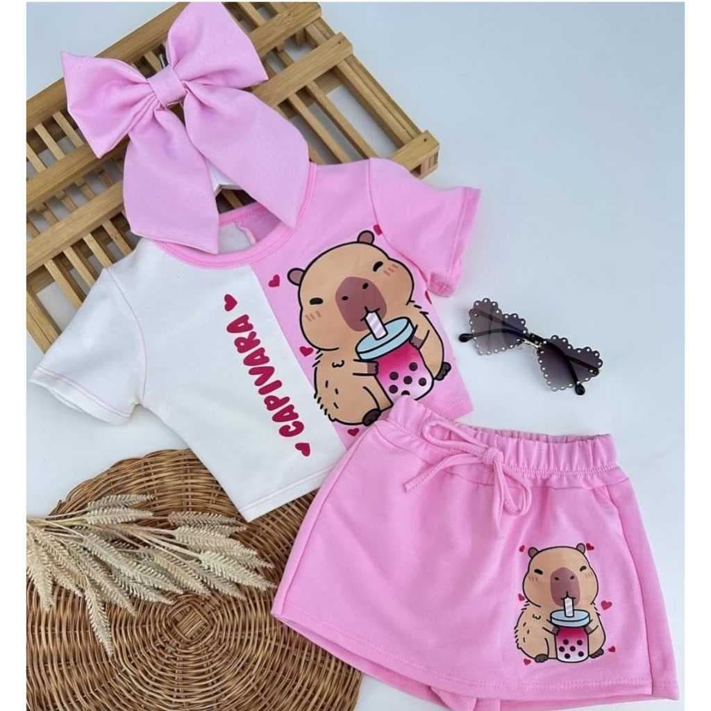 CONJUNTO INFANTIL E JUVENIL CAPIVARA SHORT SAIA E BLUSA