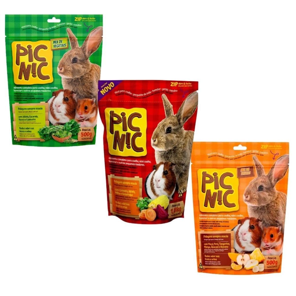 Kit Ração Pic Nic 500g Para Coelhos Porquinho-da-Índia e Roedores Alimento Completo e Nutritivo