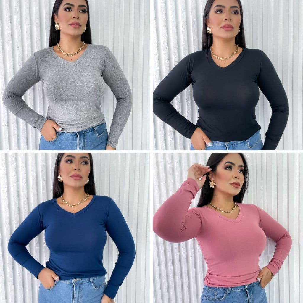 Kit 4 Blusa Feminina Gola V Manga Longa Segunda Pele Blusinha Basica Tshirt