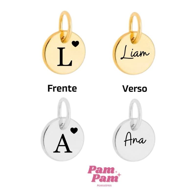 Pingente Personalizado Laser Inicial, Nome ou Data ou Símbolos - Tamanho P - Banhado a Ouro ou Prata 925