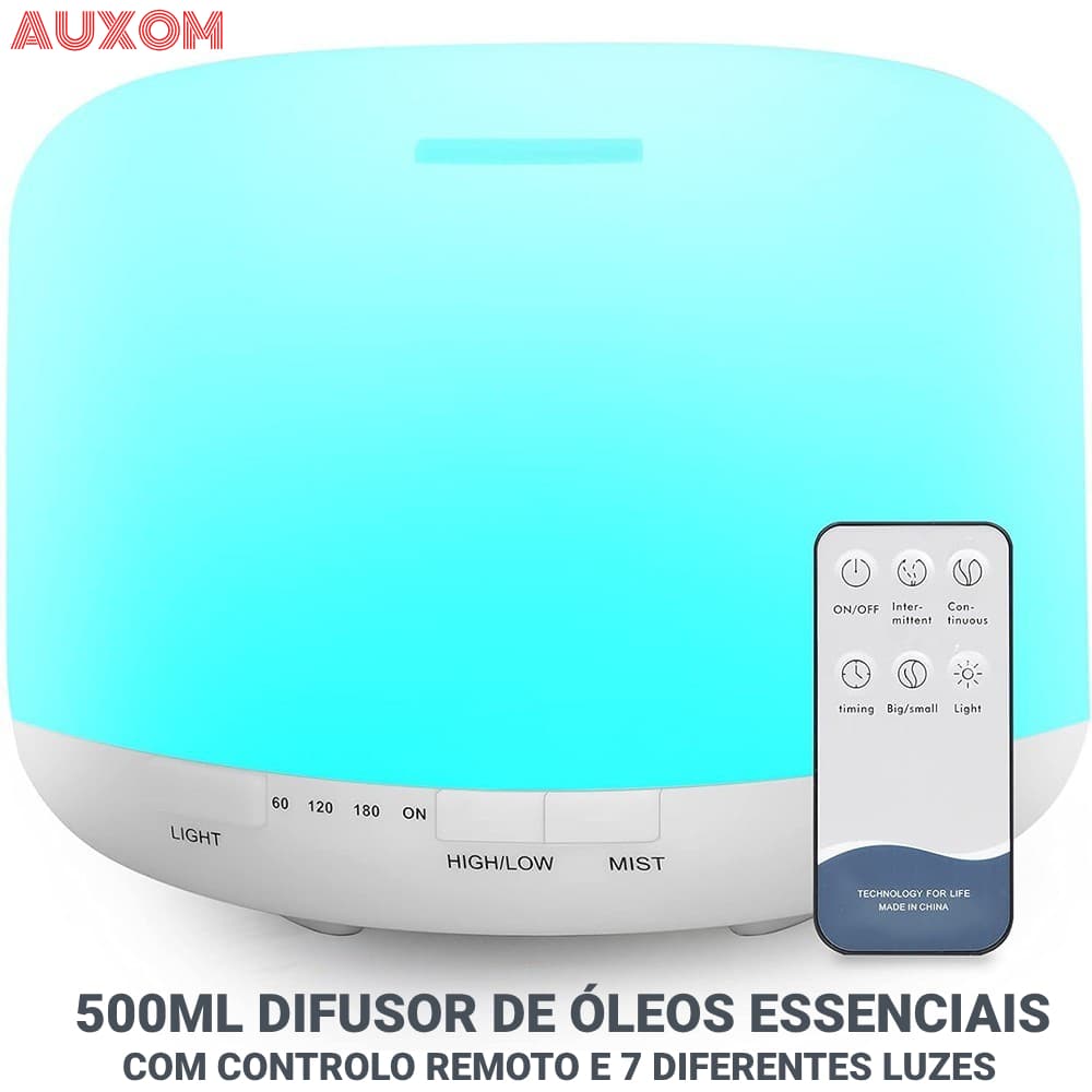 500ML Difusor De Óleos Essenciais, Humidificador Ultrassónico Sem BPA Com Controlo Remoto E 7 Diferentes Luzes