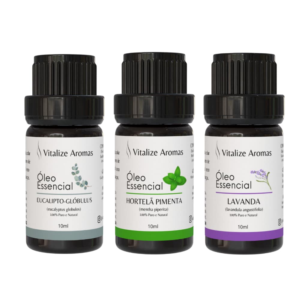 Kit 3 Óleos Essenciais Vitalize Aromas - Eucalipto Hortelã Pimenta Lavanda 100% Puros e Naturais