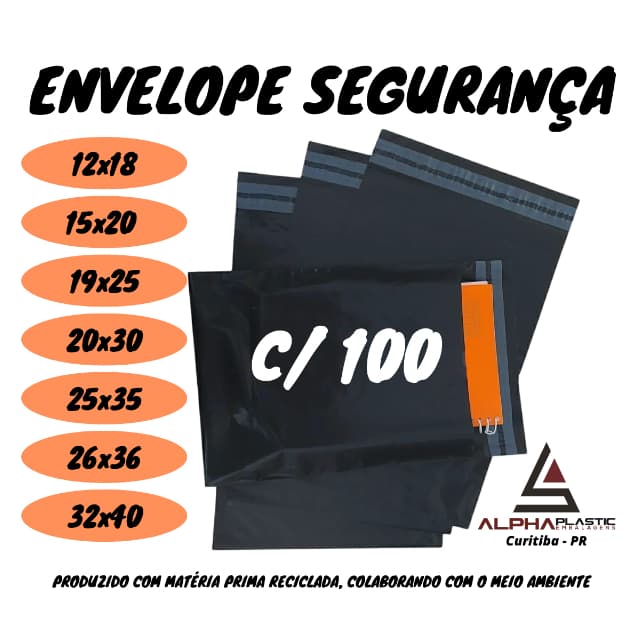 Kit 100 Envelope de Segurança Plástico Preto  12x18 /15x20 /19x25 /20x30 /20X40 /20x50 /25x30 /25x50 /26x36 / 32x40