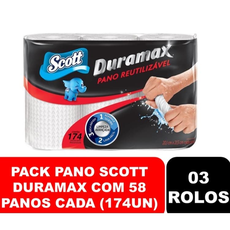 Kit com 03un rolos Pano multiuso Scott Duramax Branco 174 panos (01 pack com 03un)