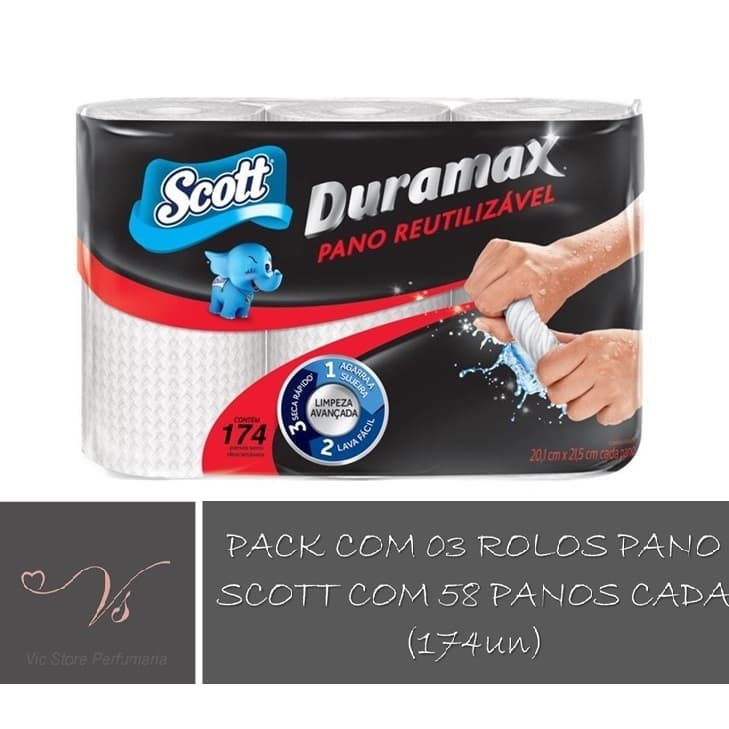 Kit com 03un rolos Pano multiuso Scott Duramax Branco 174 panos (01 pack com 03un)