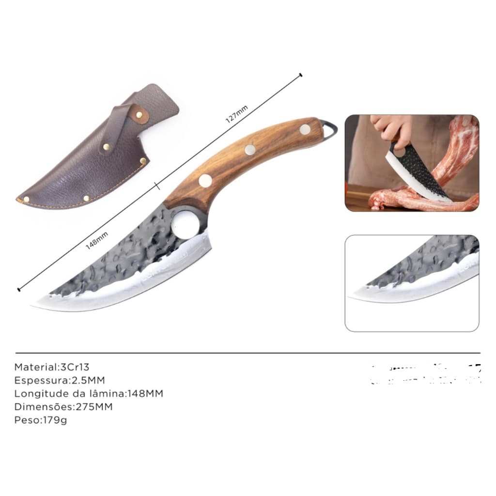 Faca Artesanal Aço Inox Cabo Madeira Damasco Bainha Couro