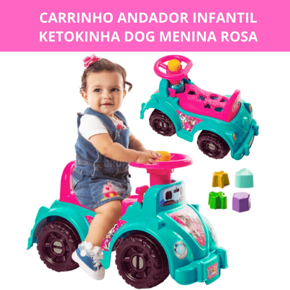 Carrinho Andador Infantil Ketokinha Dog Menina Rosa Interativo Pedagógico Coordenação Motora e Desenvolvimento Cognitivo