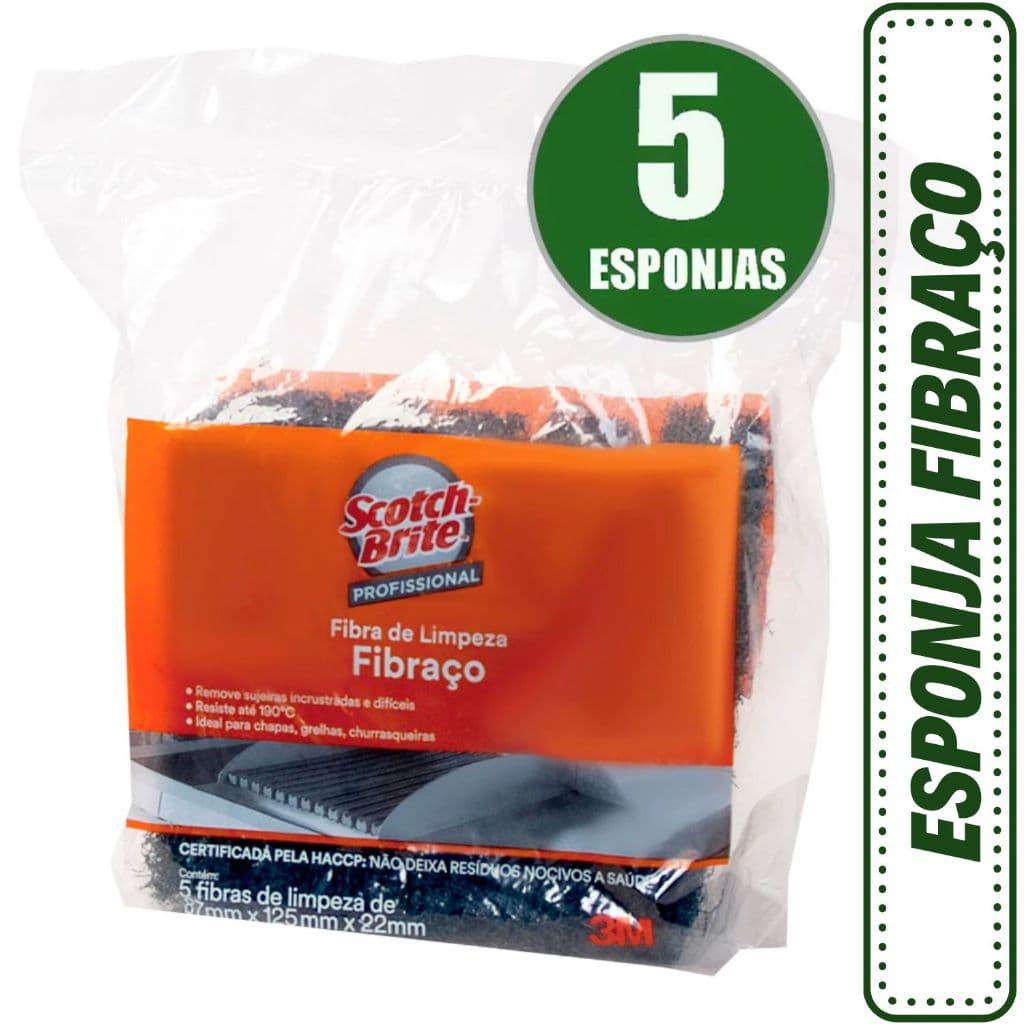 5 UNID ESPONJA FIBRAÇO 3M SCOTCH BRITE PACOTE COM LIMPESA PESADA