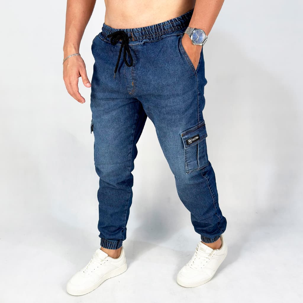 Calça Cargo Masculina Jogger Elastano Sarja Punho Elastico Street Casual Jeans Escuro