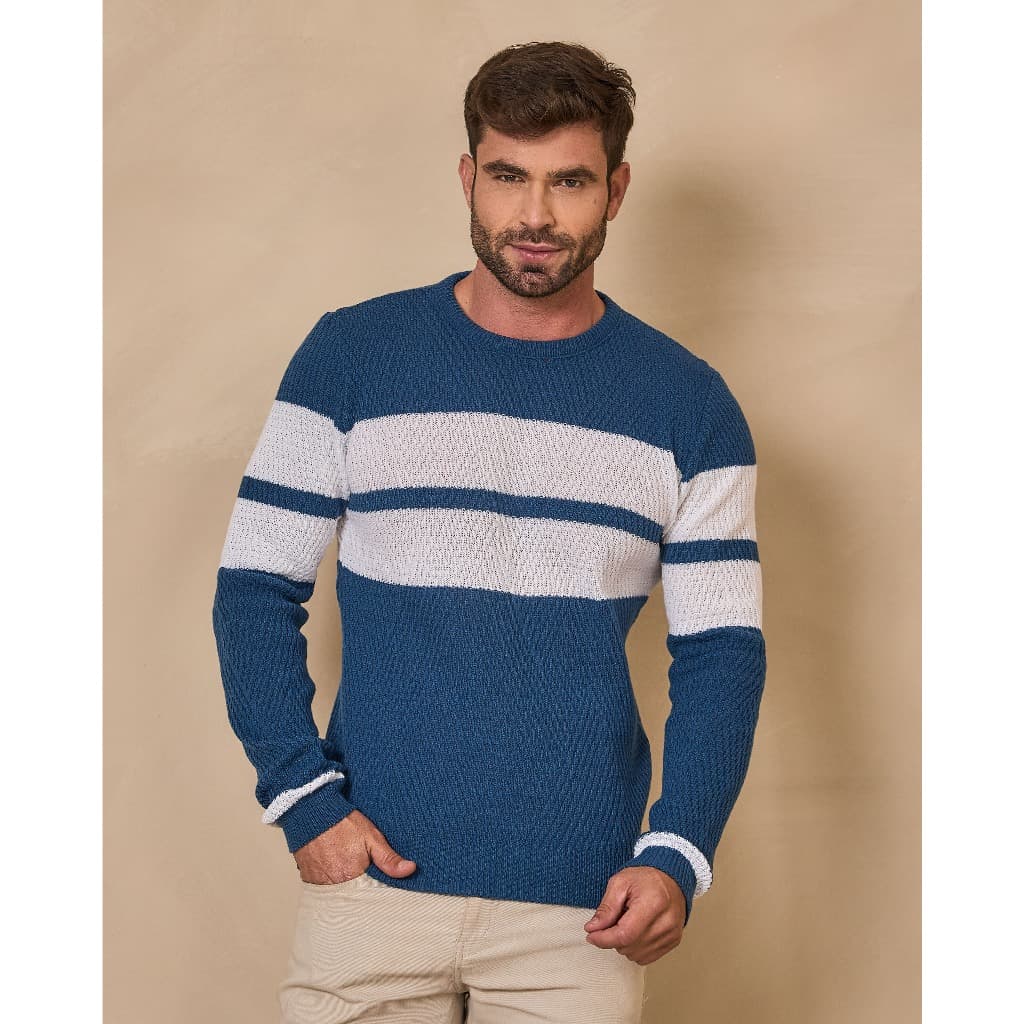 Blusa de Frio Masculina Suéter Manga Longa Tricô Links Canelada Listrada Social Casual