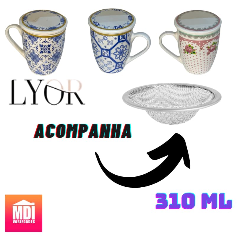 Caneca de Porcelana Super White com Tampa e Filtro Inox Lisboa Azul/Branca 310ml Chá Com Filtro Infusor - Lyor