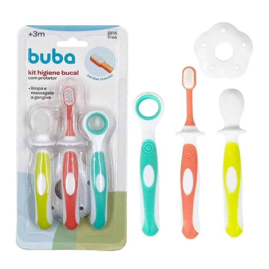 Kit Higiene Bucal com Protetor Cerdas Macias 3+ Meses com 4 Peças - Buba