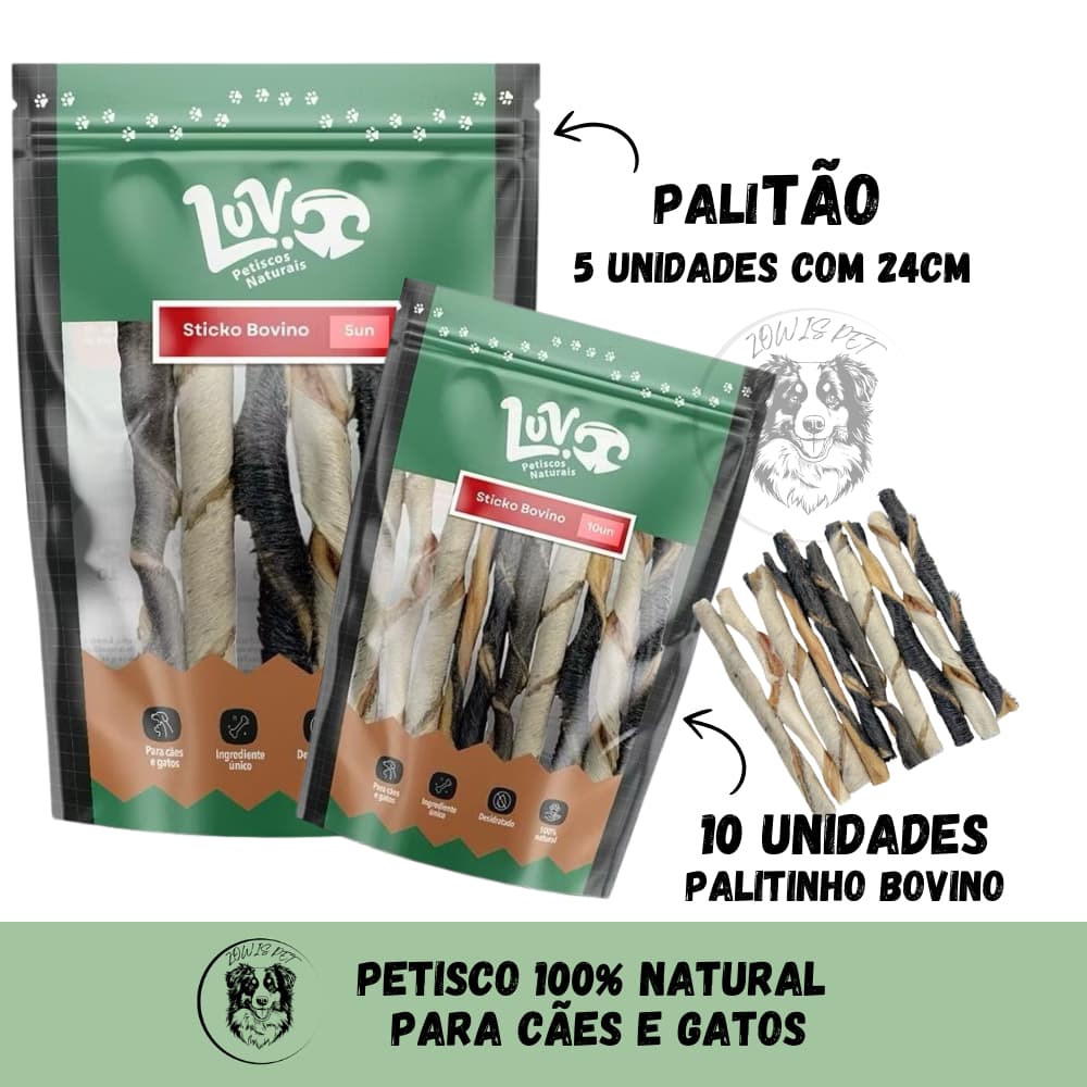 Mordedor Natural para Cães Pele Bovina Trançada Desidratada Palitão Palitinho Stickos Bovinos - 5 e 10 Un - Luv Petiscos