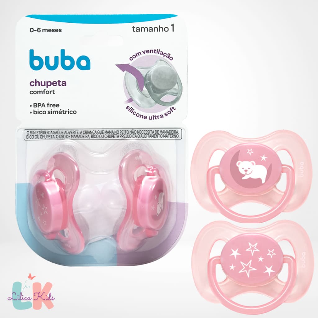 Chupeta Menina Confort Tamanho 1 e 2 com Tampa Protetora e Bico Simétrico Buba