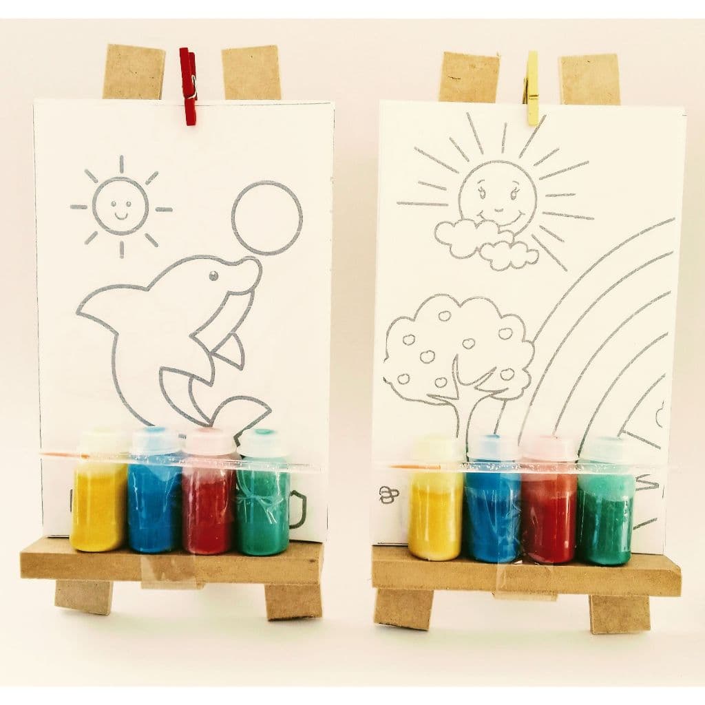 4 Mini kit de Pintura C/4 Desenhos no mini Cavalete + Prancheta, Prendedor, tintas e pincel