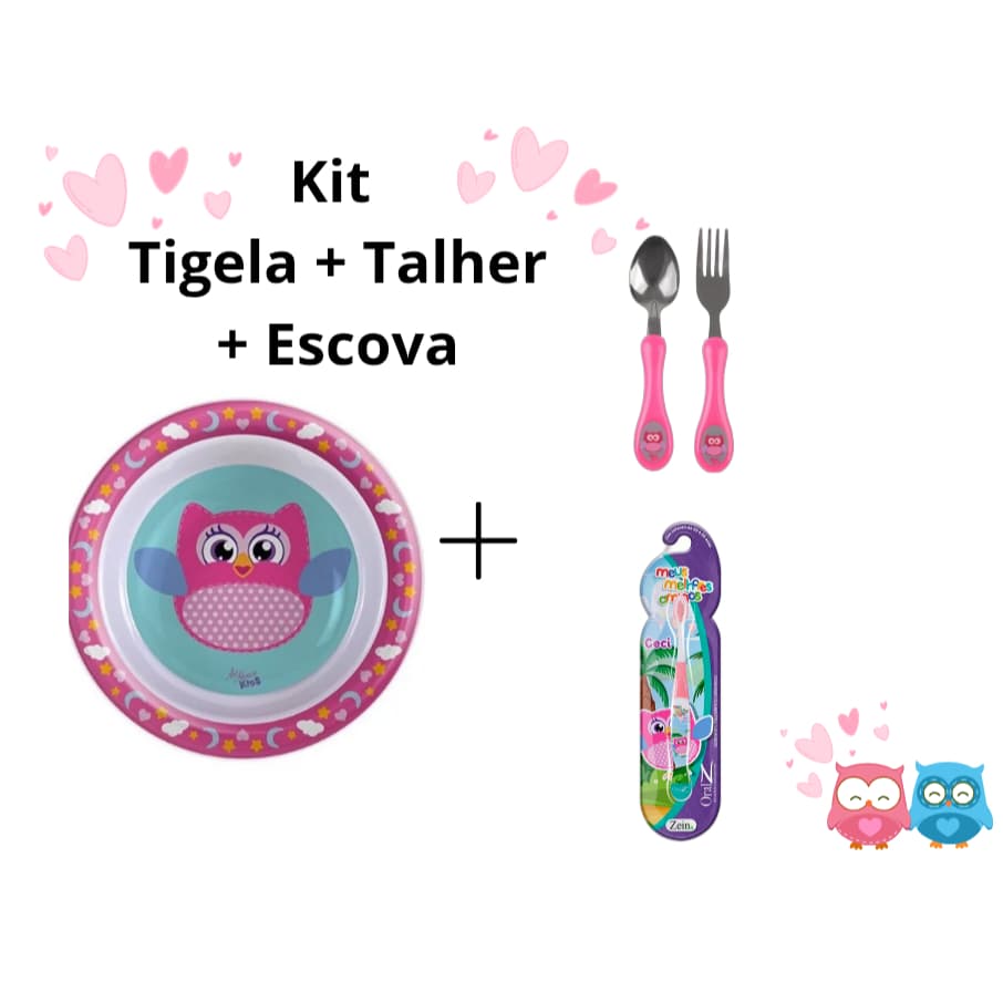 Kit Tigela Coruja + Talheres Colher E Garfo Infantil + Escova De Dentes Bebe Criança Pote Rosa Alimentação Menina