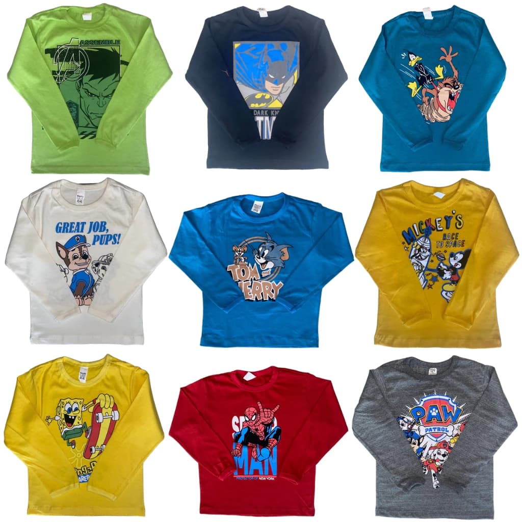 Kit 5 Camisetas Infantil Masculina Manga Comprida Com Estampa Desenhos Menino Frio Inverno Meia Estação 2 à 8 Anos