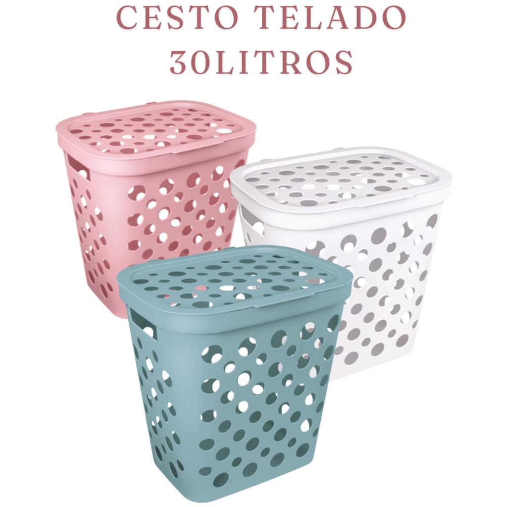 Cesto Telado 30 Litros com Tampa e Alça Cesto de Roupa Suja Banheiro Lavanderia - Usual Utilidades