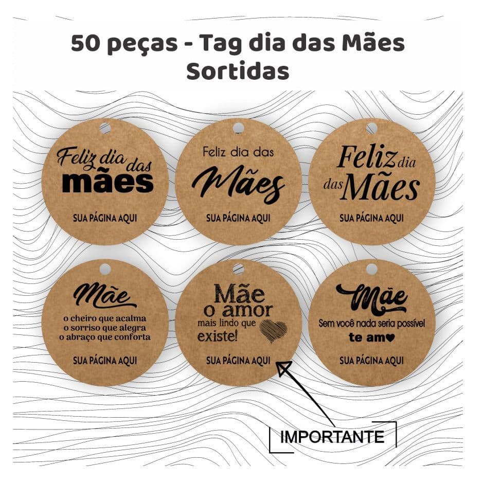 50 tags Dia das Mães - sortidas (6 modelos) - Kraft - etiqueta