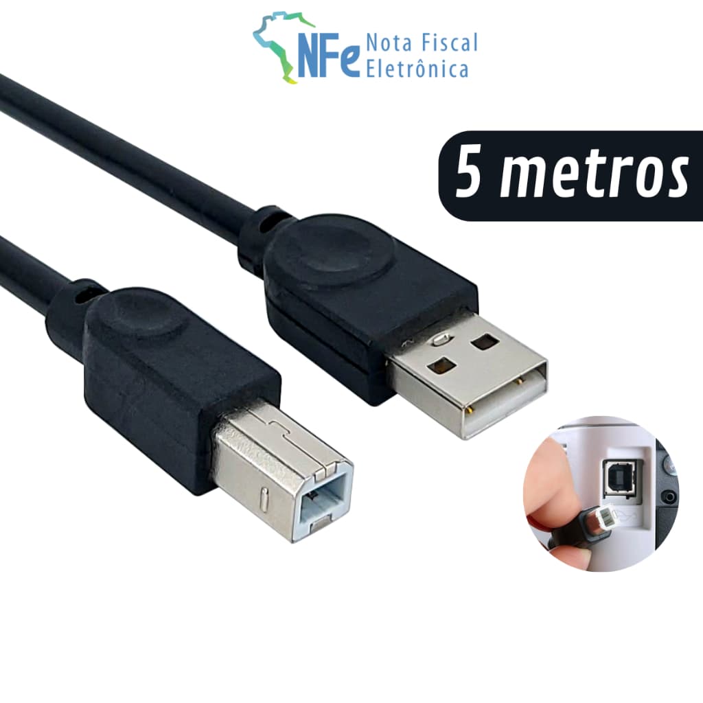 Cabo USB Tipo B com 5 metros para Impressora Scanner Multifuncional Teclado Piano Bateria Eletrônica