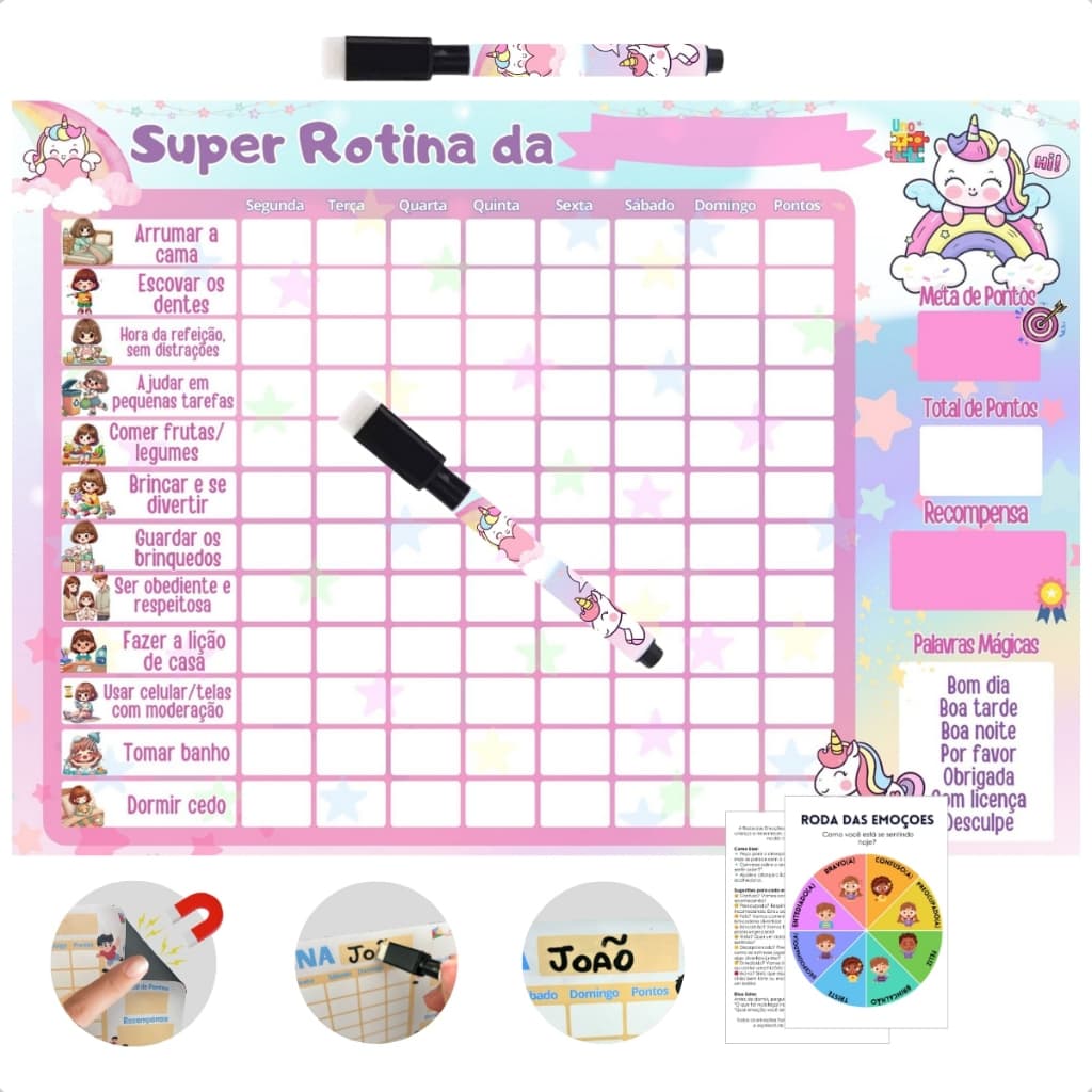 Quadro Incentivo emoções Magnético unicórnio presente menina Infantil Semanal Rotina 29cm Caneta