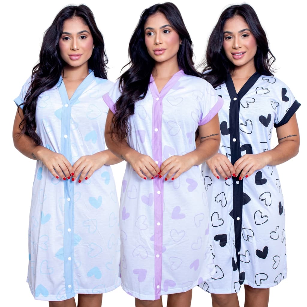 Kit Com 3 Camisola Amamentação Em Malha Pós Cirurgica Com Botões Abre Fácil