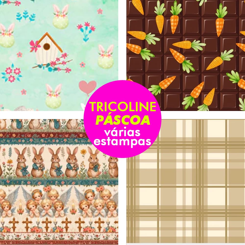 🐰 Tricoline Páscoa 100% Algodão - 50cm x 1,50m - Tecido Estampado Tricolândia 🎨