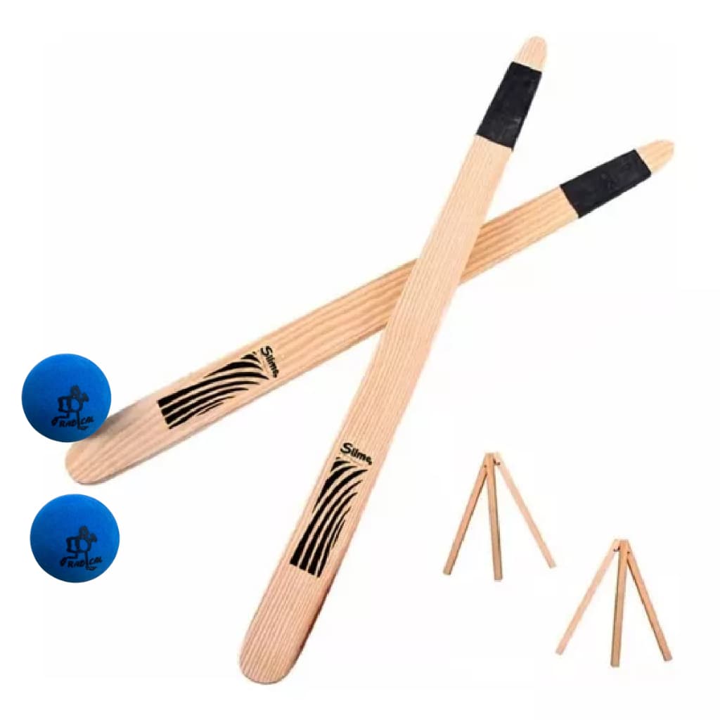 Jogo de Taco Madeira de Rua Tacobol com Casinha e 2 Bolinhas Brincadeira Antiga