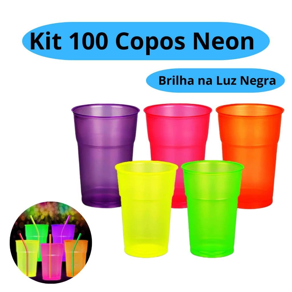 Kit 100 Copos Neon 300ml  Premium Descartável Para Drink Bebida Festa Aniversário