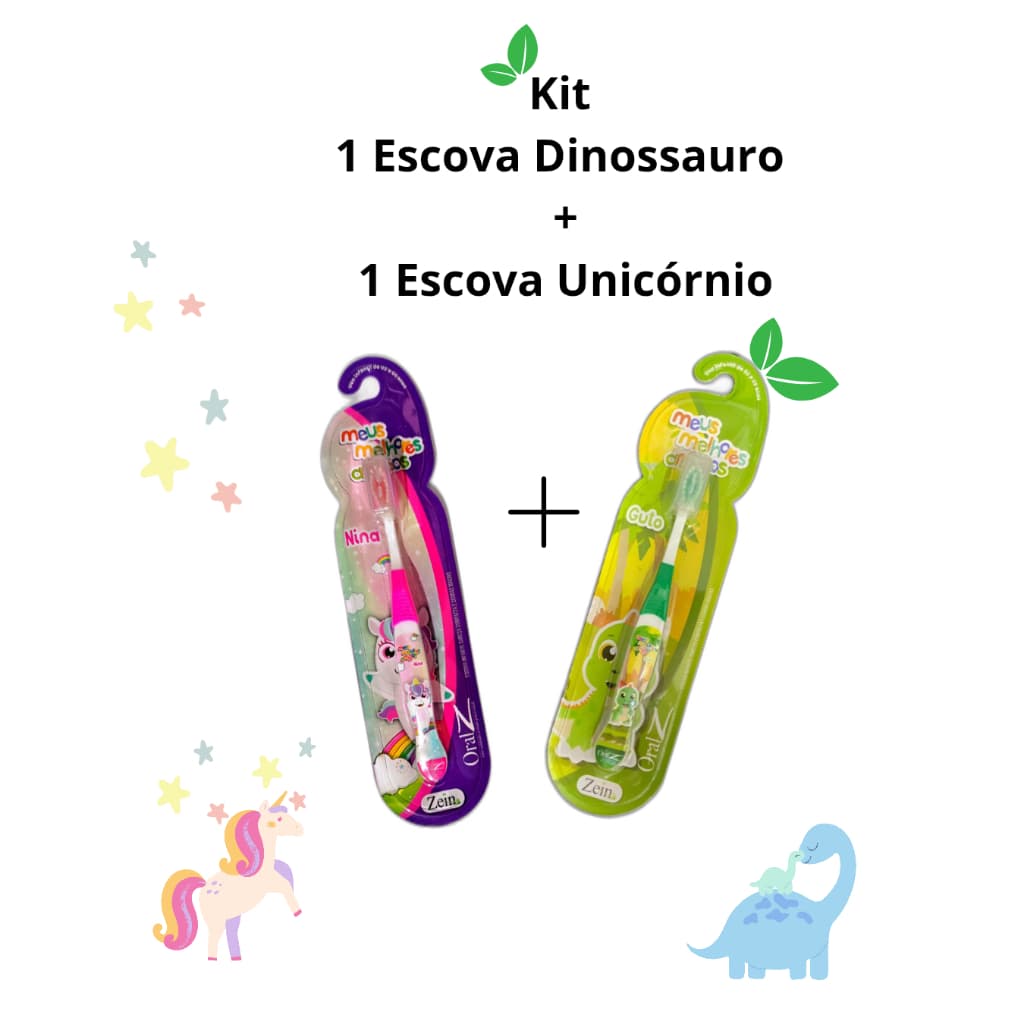 Kit 2 Escovas De Dentes Macias Infantil 1 Dinossauro Verde + 1 Unicórnio Rosa Criança Menina Menino
