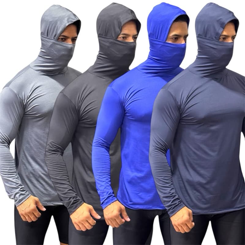 Camisa Térmica Masculina  Manga Longa Com Capuz e Balaclava Touca Ninja Proteção Solar