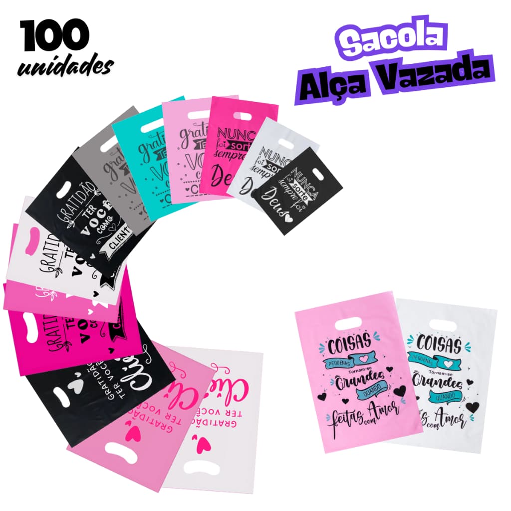 100 Sacolas Boca de Palhaço P, M e G Personalizada Gratidão Ter você como Cliente Sacolinha Plástica 20x30, 30x40 e40x50