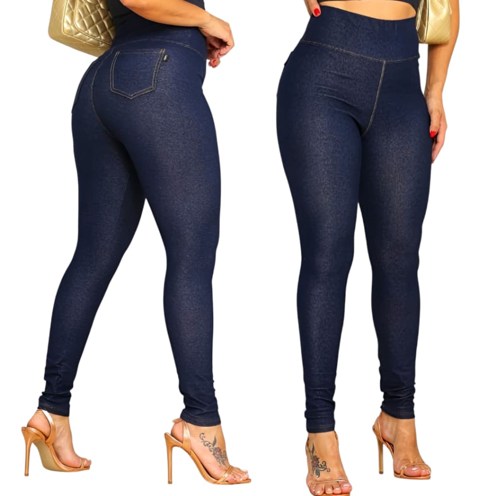 Calça Legging Imita Jeans Com Bolso Feminina Cintura Alta