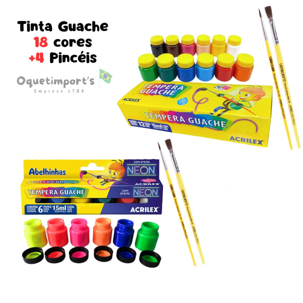 Kit pintura Tinta Guache 12 cores + Tinta Neon 6 Cores c/ Pincéis